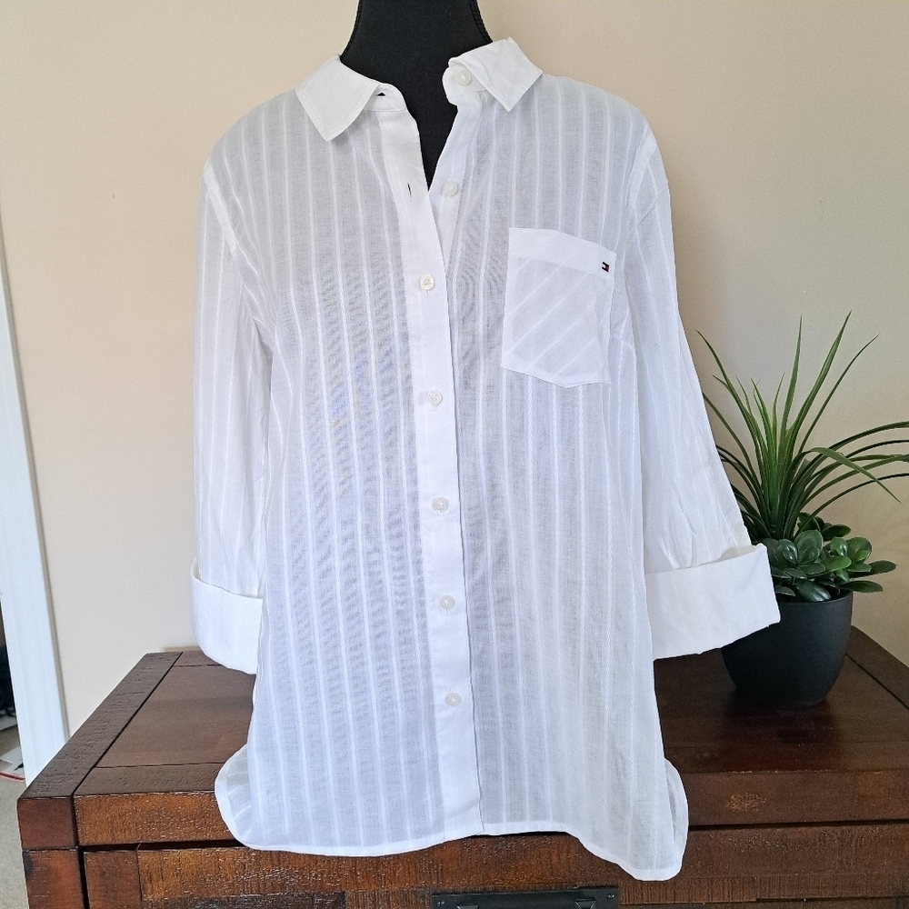 Tommy Hilfiger White Cotton Blouse Ladies XXL Roll Tab Long Sleeve Poplin Shirt - Picture 2 of 10